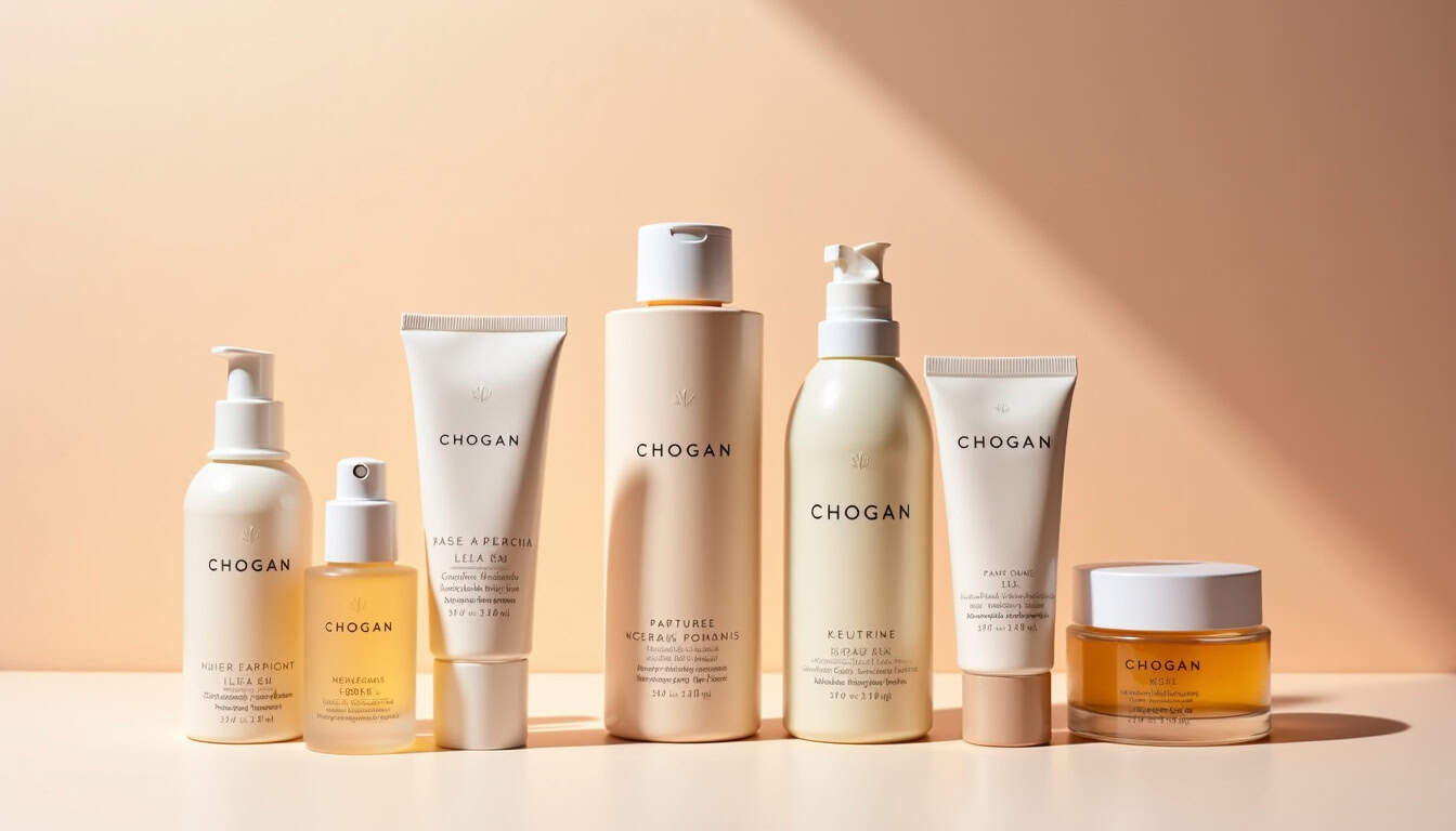 Assortiment de produits Chogan: parfums, cosmétiques, et produits de soin, mis en scène pour montrer la diversité de la gamme.