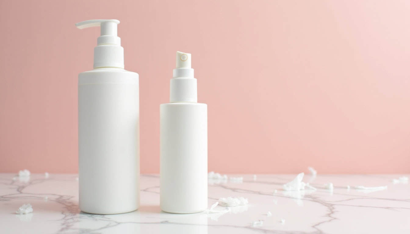 Produits de nettoyage plastiques, bouteilles vides sans étiquette, fond rose pastel, surface marbrée, essentiels pour nettoyage.