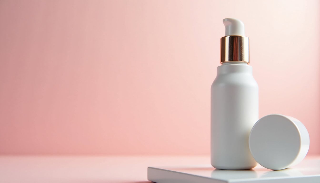 Alt : Flacon de produit cosmétique blanc avec pompe et capuchon, fond rose pastel.