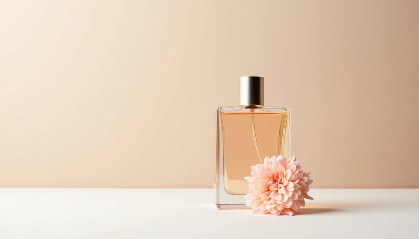 Flacon de parfum élégant avec fleur duster, senteur florale, beauté, parfum pour femme.