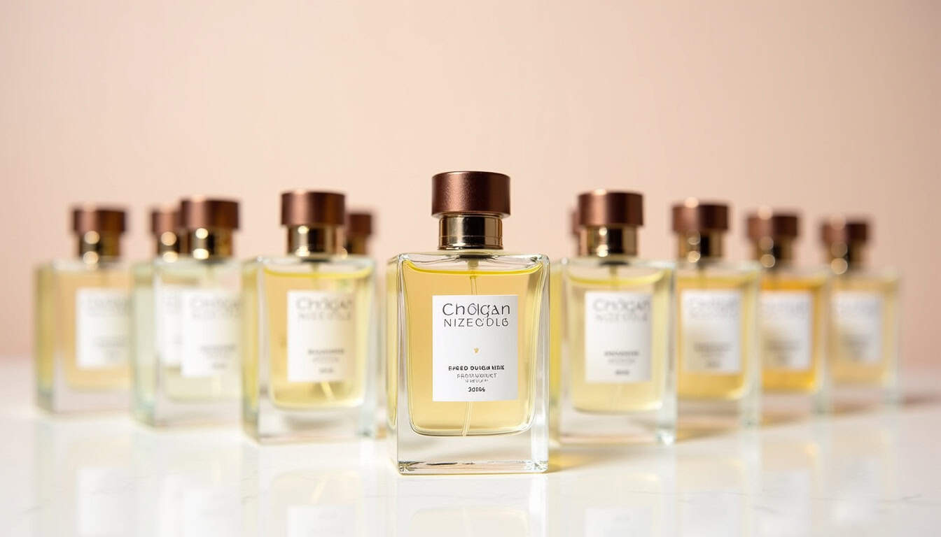 Collection de flacons de parfums Chogan alignés, illustrant la diversité de leurs fragrances.
