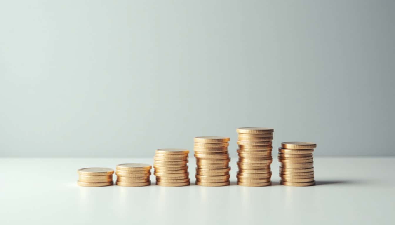 Alt text: Piles de pièces de monnaie alignées sur une surface blanche, symbolisant économie et recyclage.