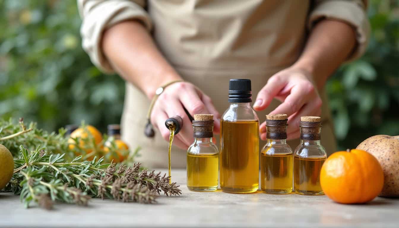 Ferme biologique en Provence où des producteurs récoltent des plantes aromatiques à la main pour produire des huiles essentielles certifiées bio