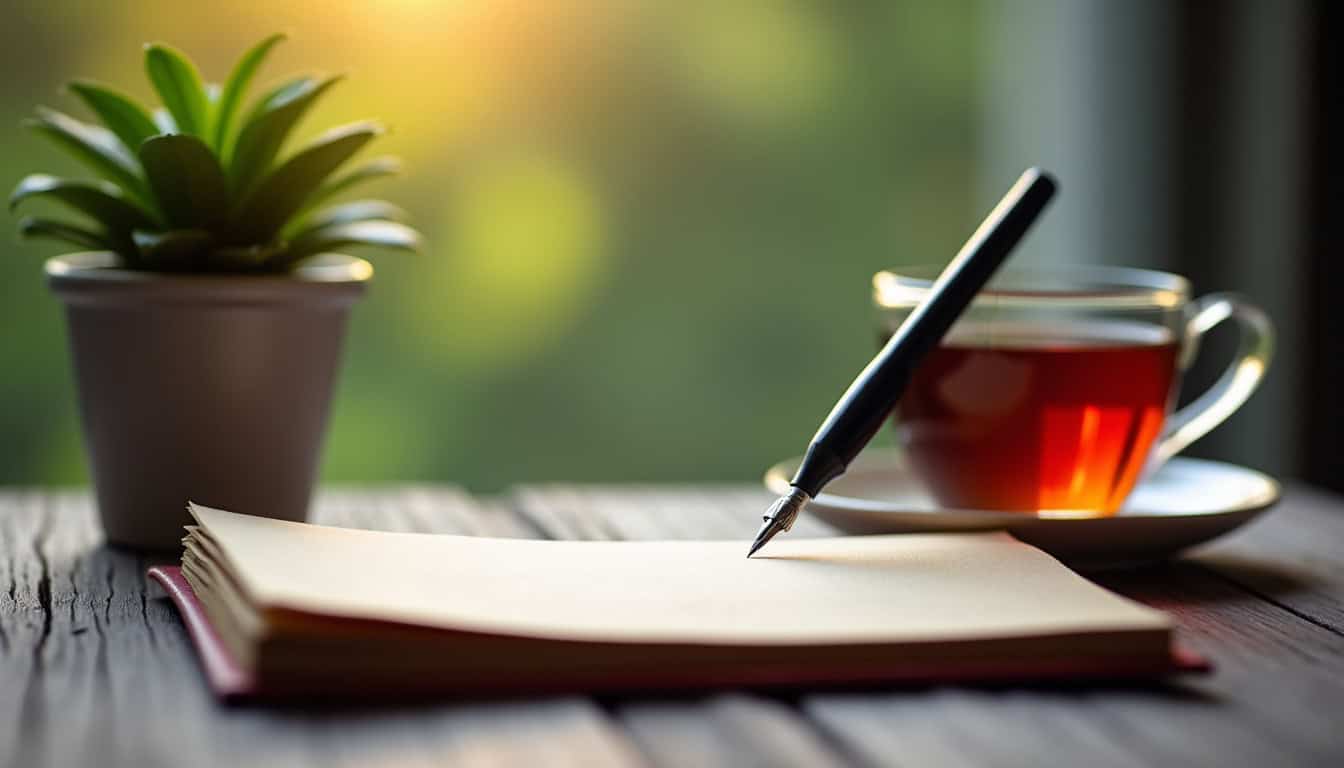 Main tenant un stylo noir qui écrit dans un cahier de notes en cuir, avec une tasse de thé fumante et une plante verte au fond, lumière naturelle du matin