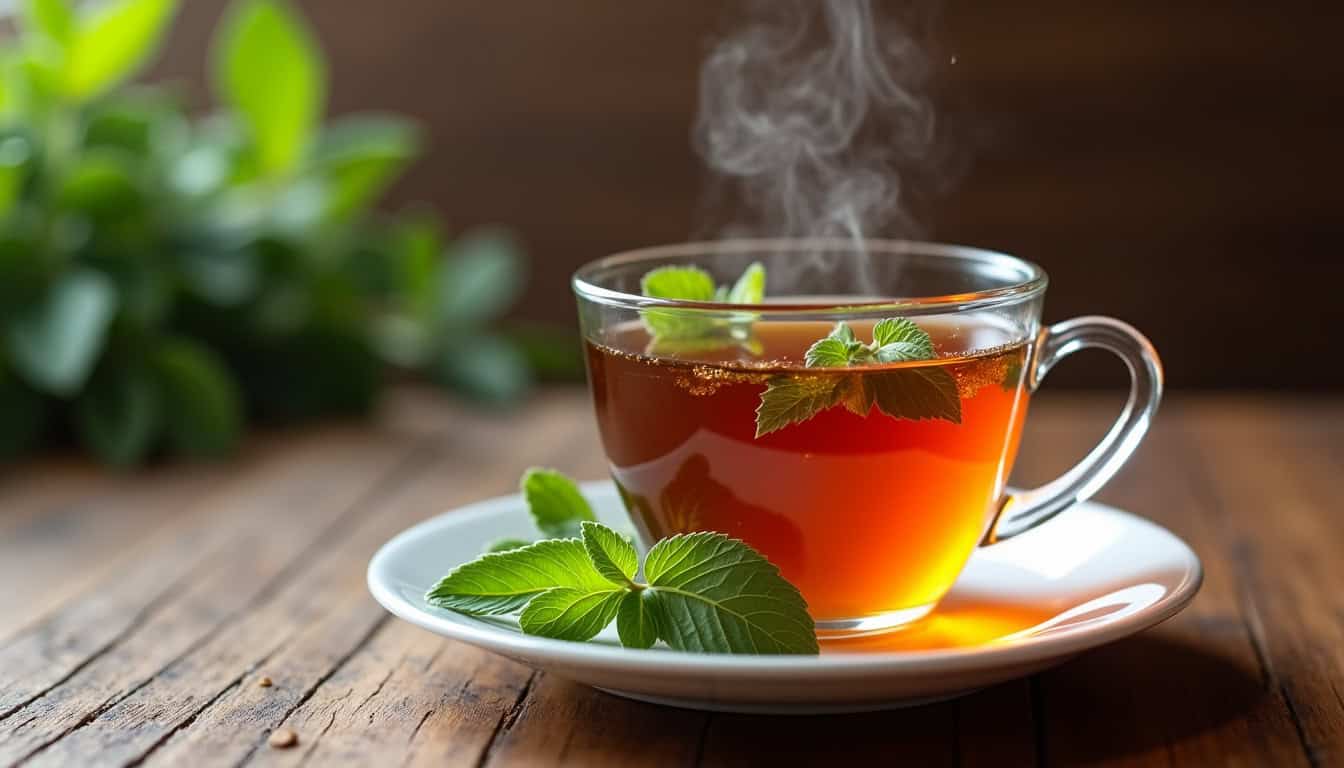 Main tenant une tasse de thé fumante, avec des feuilles de menthe flottant dessus, fond en bois ancien et lumière chaude