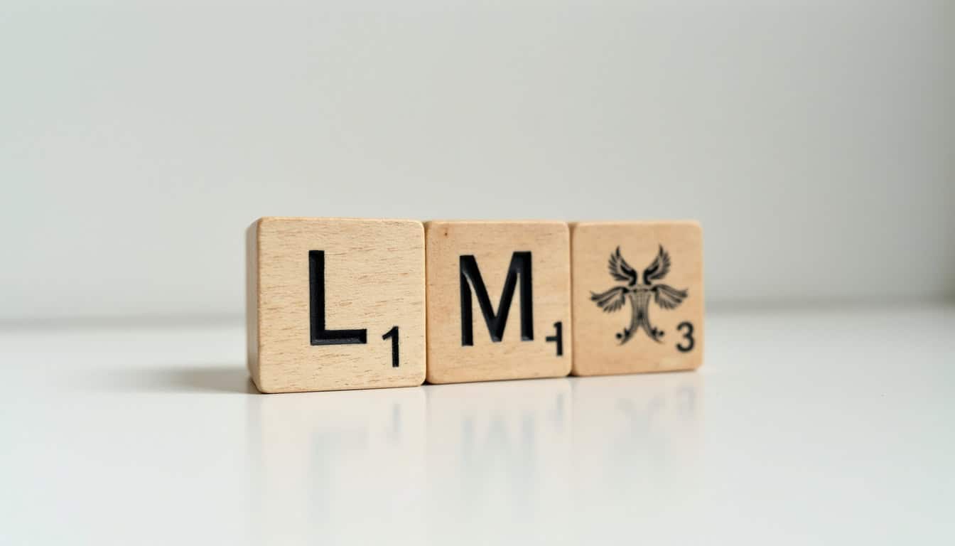 Photo de blocs Scrabble avec "L M" et un symbole d'oiseau, symbolisant le recyclage et le débarras automobile.
