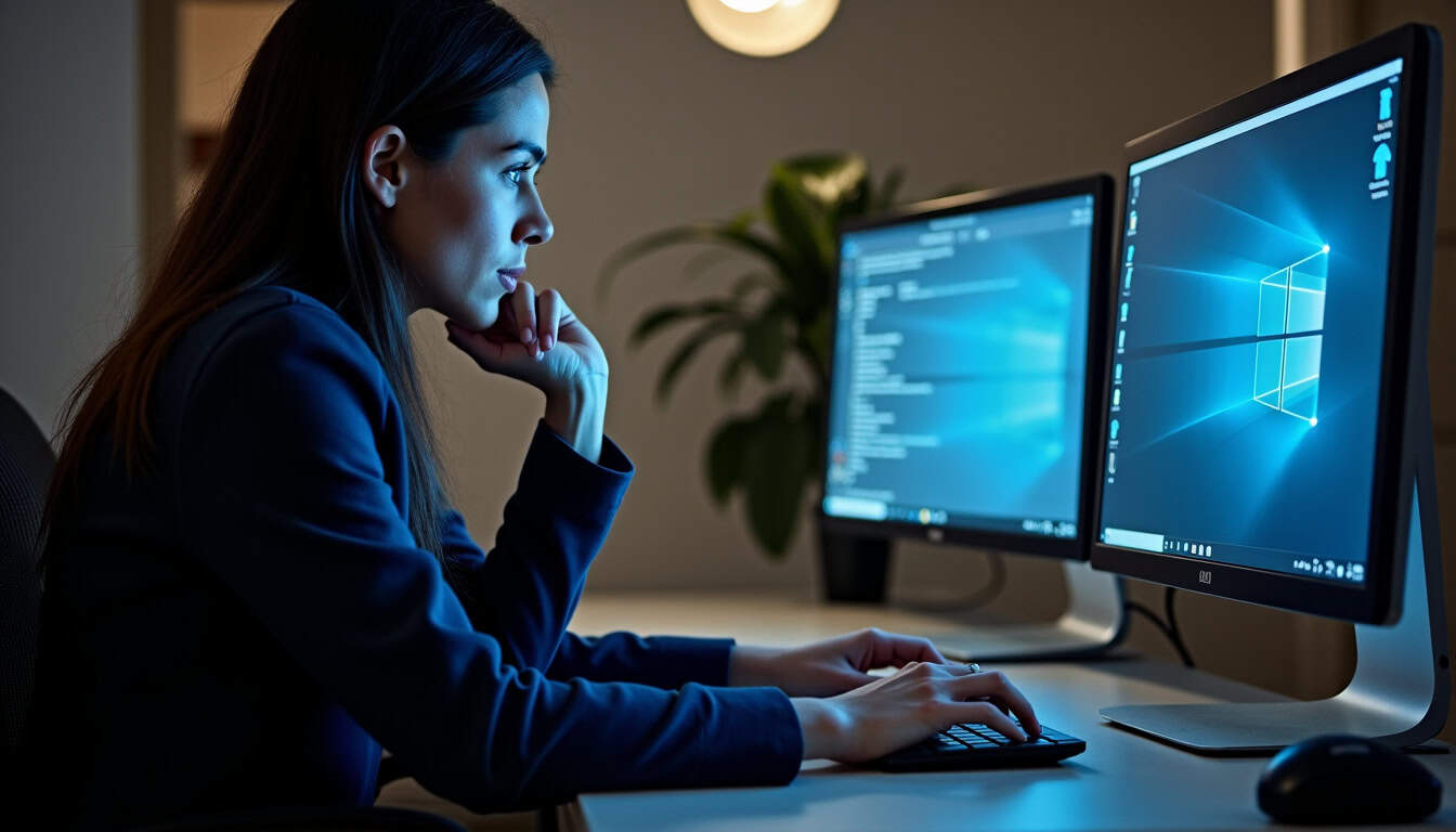 Personne assise au bureau, la tête dans les mains, éclairage froid, ordinateur allumé avec des notifications qui défilent