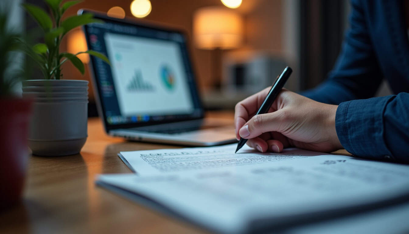 Personne travaillant à son ordinateur tard le soir, avec des notes manuscrites sur la persévérance et les objectifs