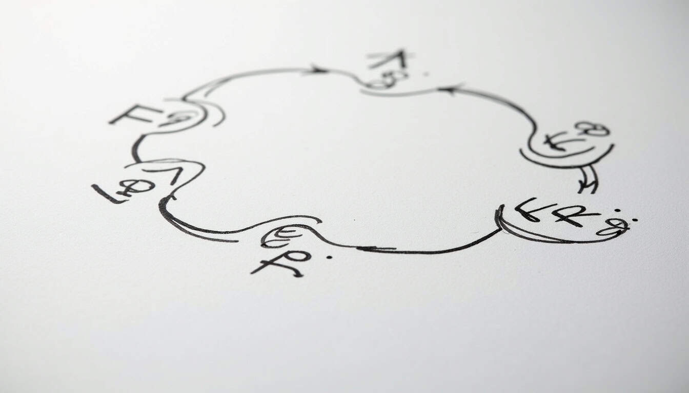 Plan de routine matinale simple avec les 6 étapes S.A.V.E.R.S dessinées en cercles connectés, sur fond gris clair avec lignes fines