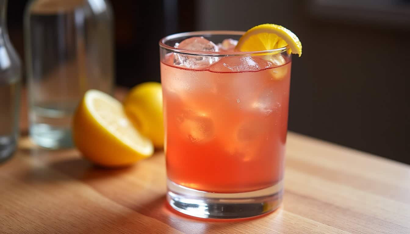 PowerCocktail FitLine en flacon verre avec cuillère mesurante sur fond bois clair