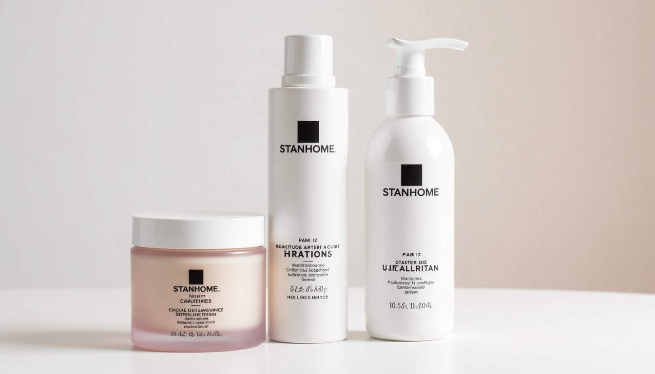 Produits cosmétiques Stanhome avec étiquettes montrant la composition détaillée des ingrédients