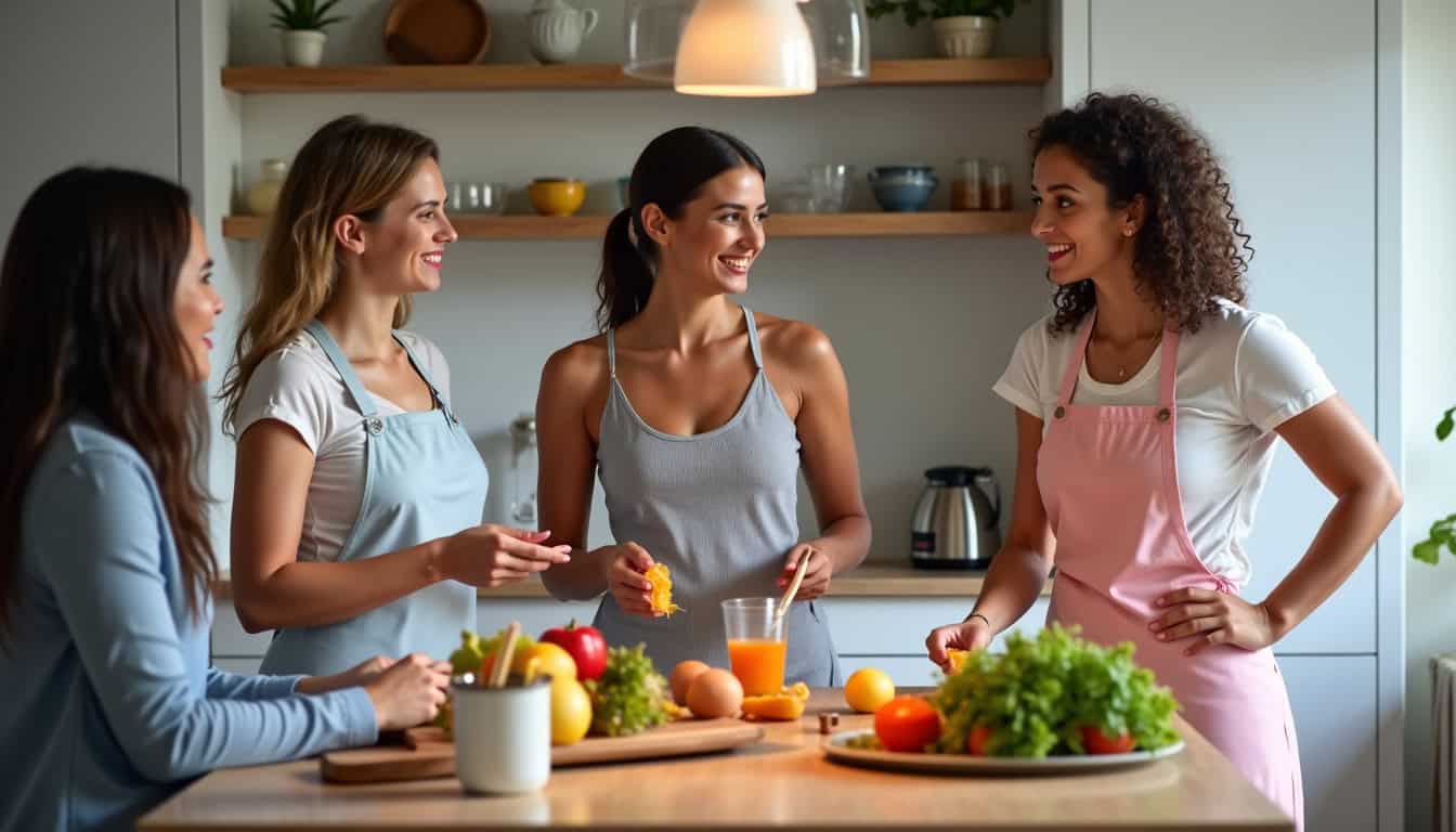 Réunion à domicile avec un coach Légendes Gourmandes présentant des produits colorés à un petit groupe de femmes en cuisine, autour d