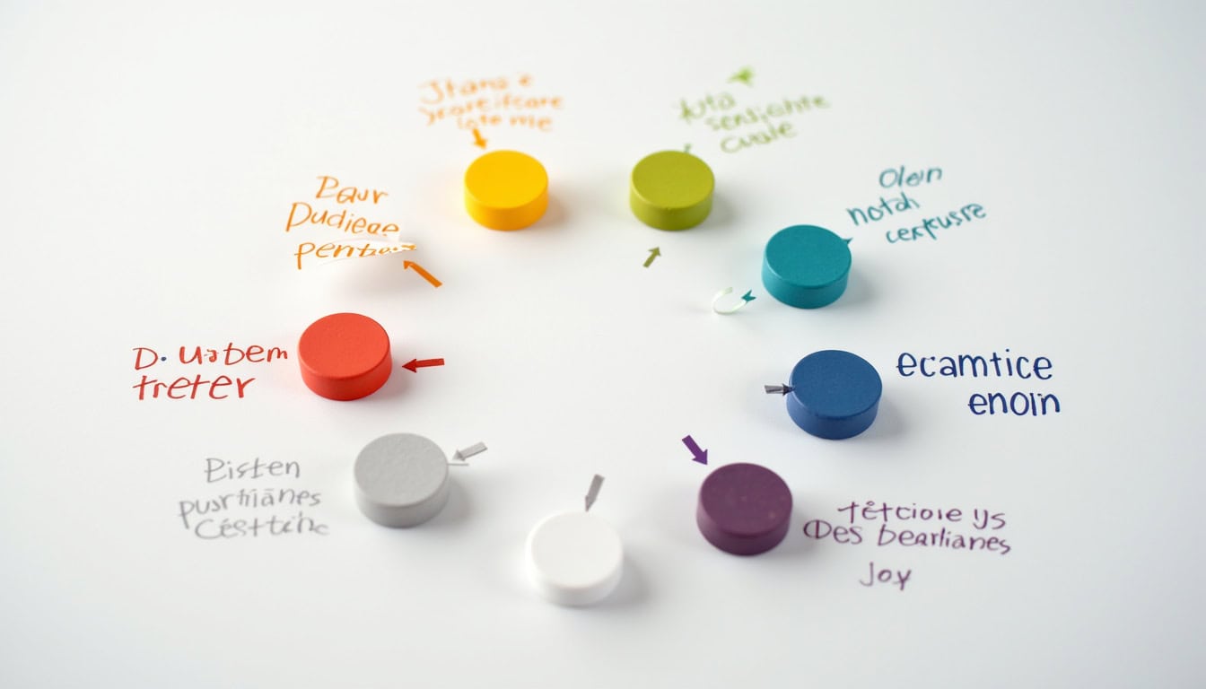 Roue de la vie en 8 secteurs colorés, avec des notes de satisfaction de 1 à 10, illustrant un déséquilibre marqué dans le secteur 