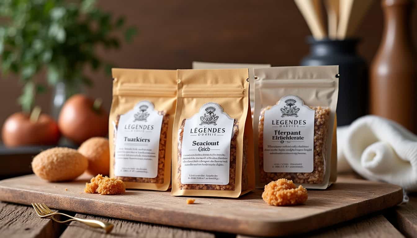 Sachets de sucres aromatisés Légendes Gourmandes en différents parfums, disposés sur un plan de travail en bois avec ustensiles de cuisine artisanaux