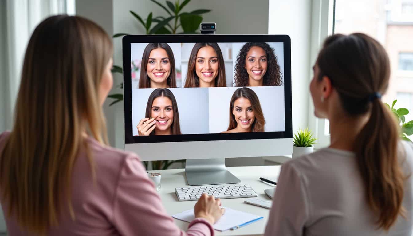 Séance de Beauty Party en ligne avec plusieurs femmes participant à une démonstration de produits beauté sur écran d