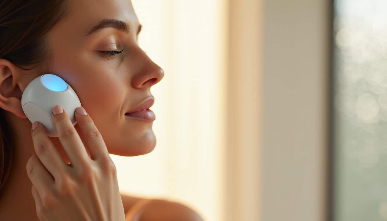 Technologie ageLOC LumiSpa Nu Skin en fonctionnement sur le visage, montrant les micro-pulsations et l