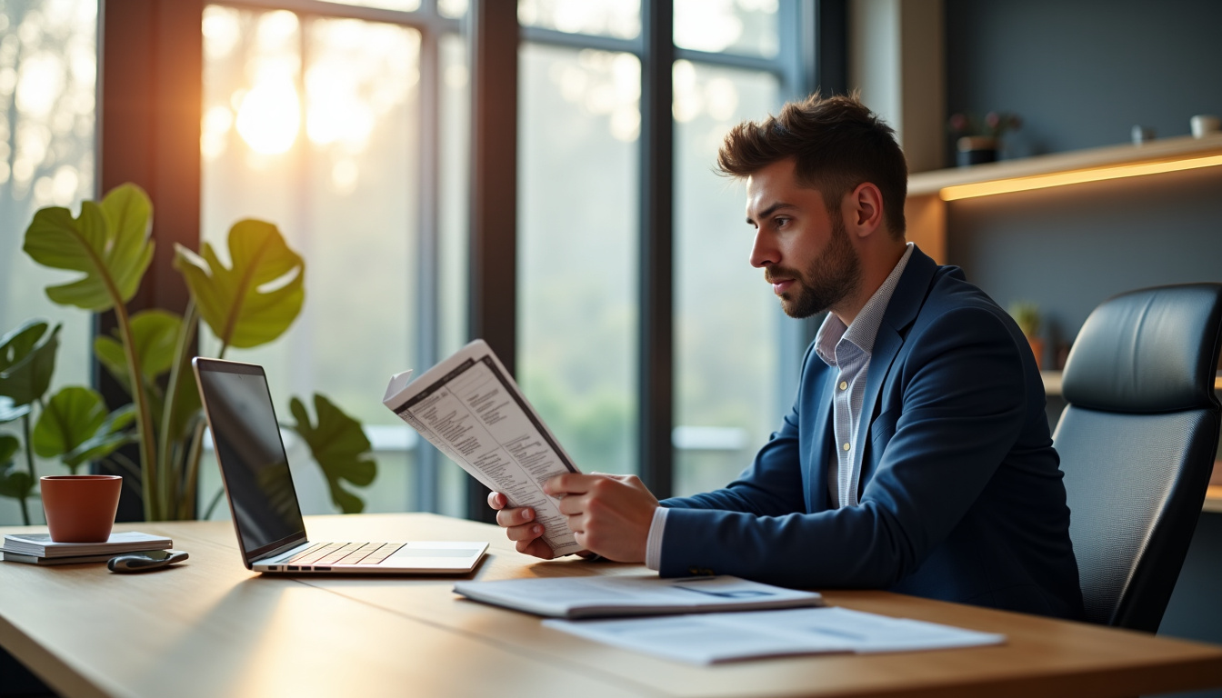 Un entrepreneur lisant un magazine business dans un bureau moderne, entouré de documents et d’un ordinateur portable