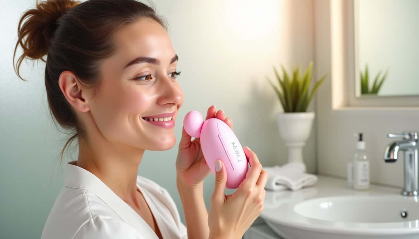 Utilisation du LumiSpa Nu Skin le matin, montrant le nettoyage rapide en deux minutes