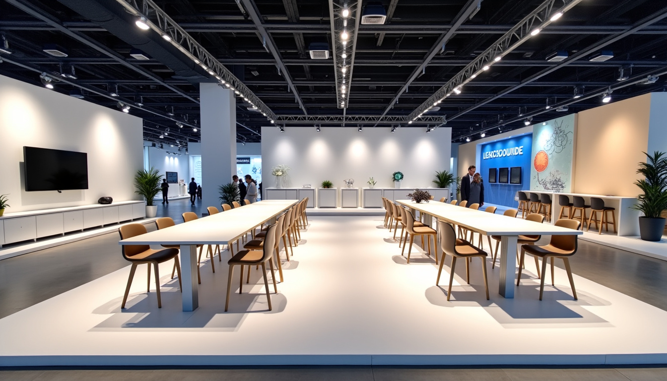 Aménagement d’un stand professionnel lors d’un salon à Paris avec tables, chaises et présentoirs