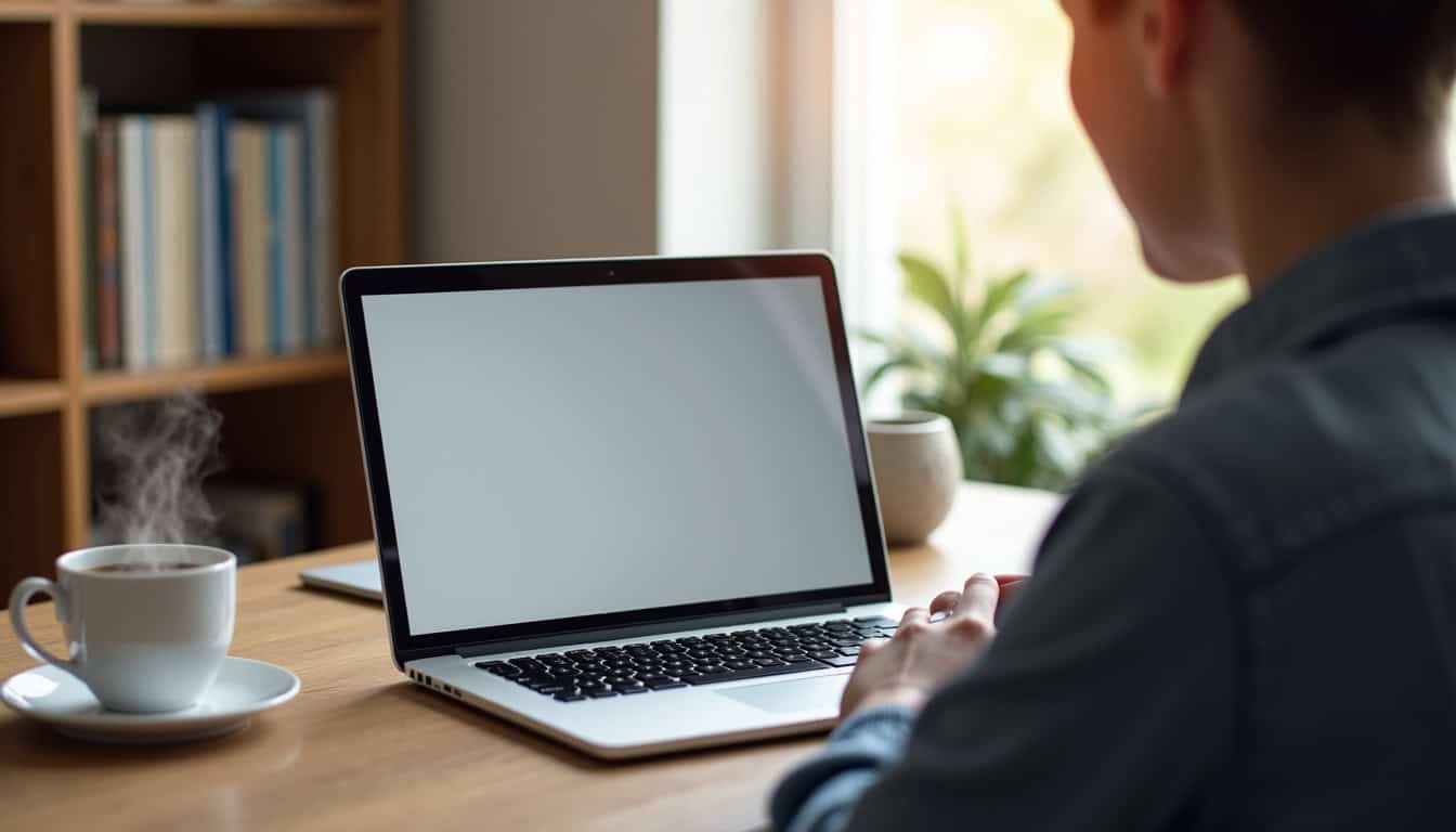 Distributeur assis devant un ordinateur portable, écran affichant une formation en ligne sur la communication relationnelle en MLM, tasse de thé à côté, lumière naturelle, ambiance calme et concentrée