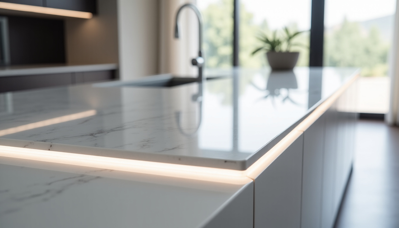 Cuisine Ixina avec finition laquée brillante, éclairage intégré et plan de travail en quartz