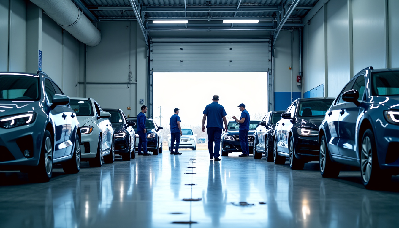Intérieur du centre de contrôle technique Sécuritest à Valenton, avec véhicules en attente et techniciens en uniforme