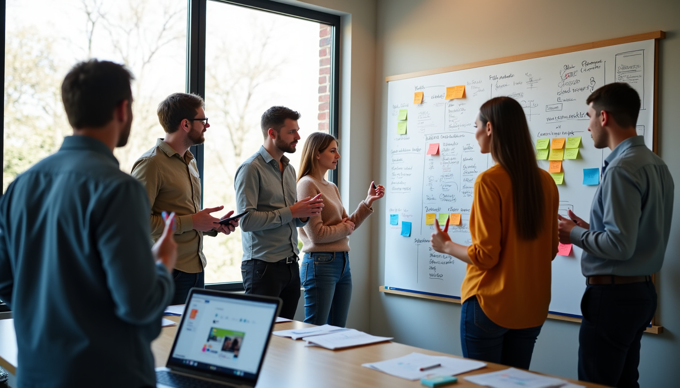 Équipe multidisciplinaire en réunion pendant un design sprint, autour d’un tableau blanc avec des post-it et des croquis