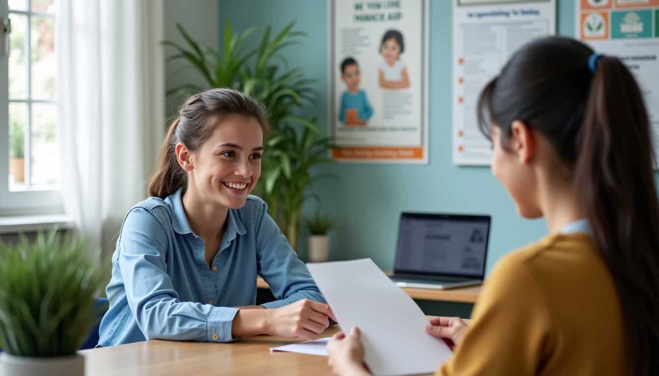 Étudiant recevant une aide financière d’un travailleur social dans un bureau universitaire
