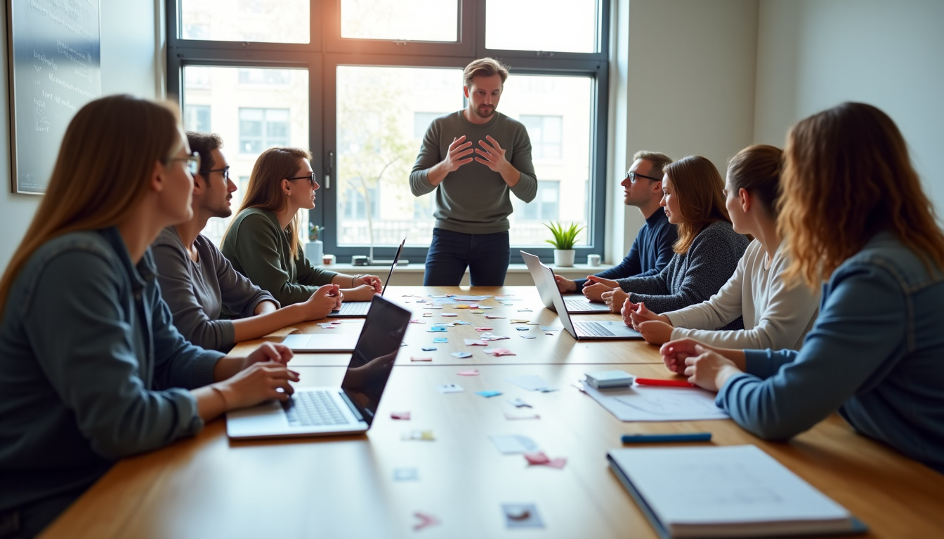 Facilitateur d’un design sprint en train d’expliquer une étape à une équipe assise autour d’une table de travail