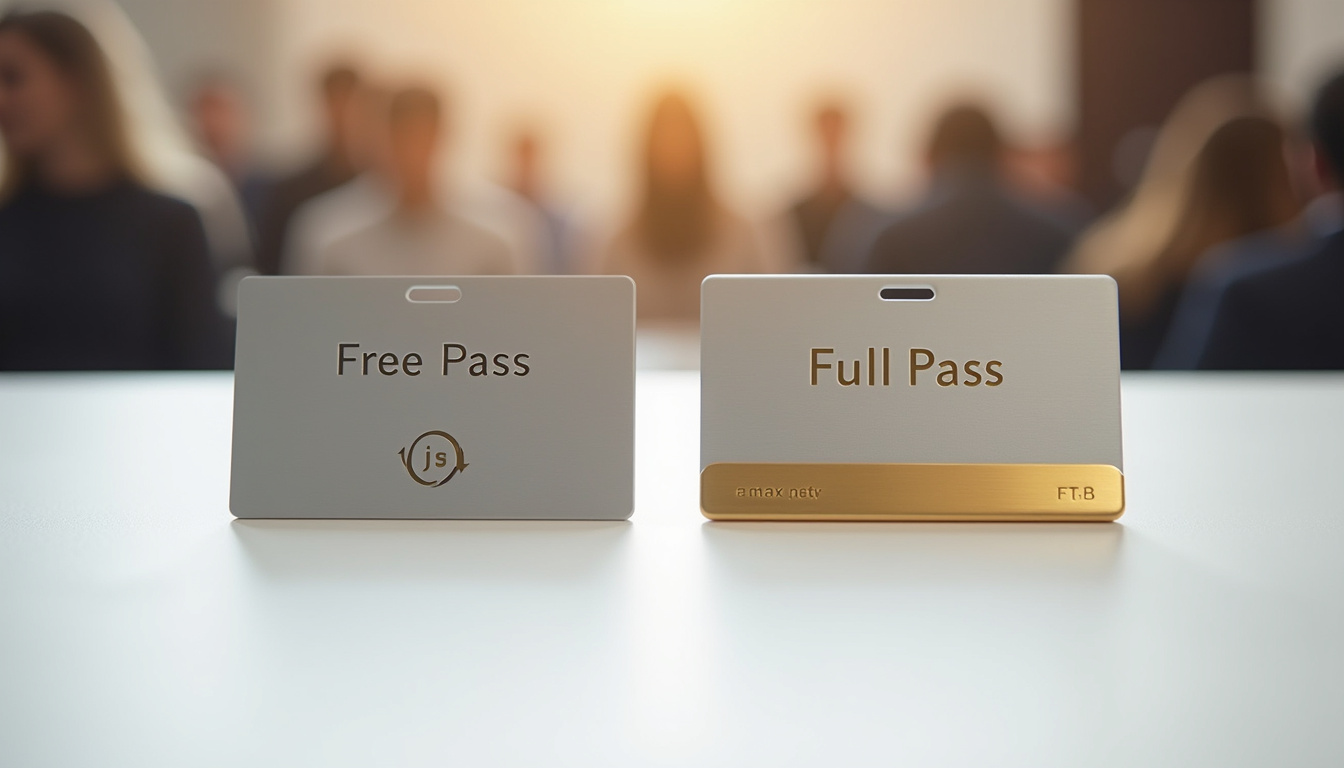 Badges d'accès au congrès Data Marketing Paris avec distinction entre pass gratuit et full pass