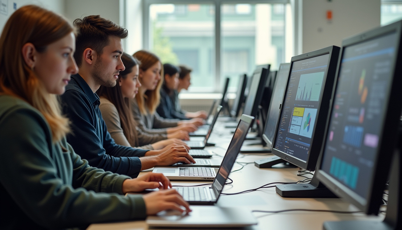 Étudiants en train de travailler sur ordinateur dans un atelier digital de l'école Nexa