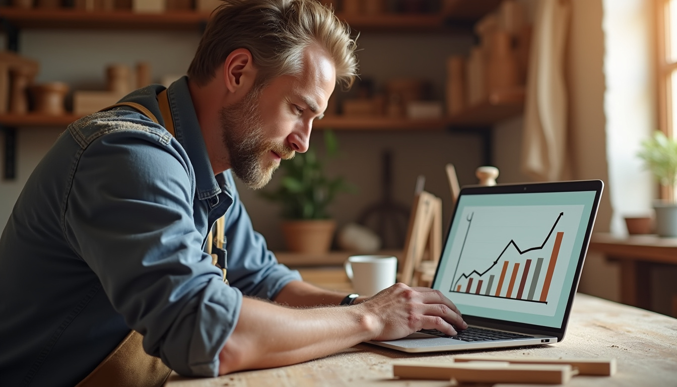 Artisan en train de travailler sur son ordinateur avec des graphiques de croissance à l'écran