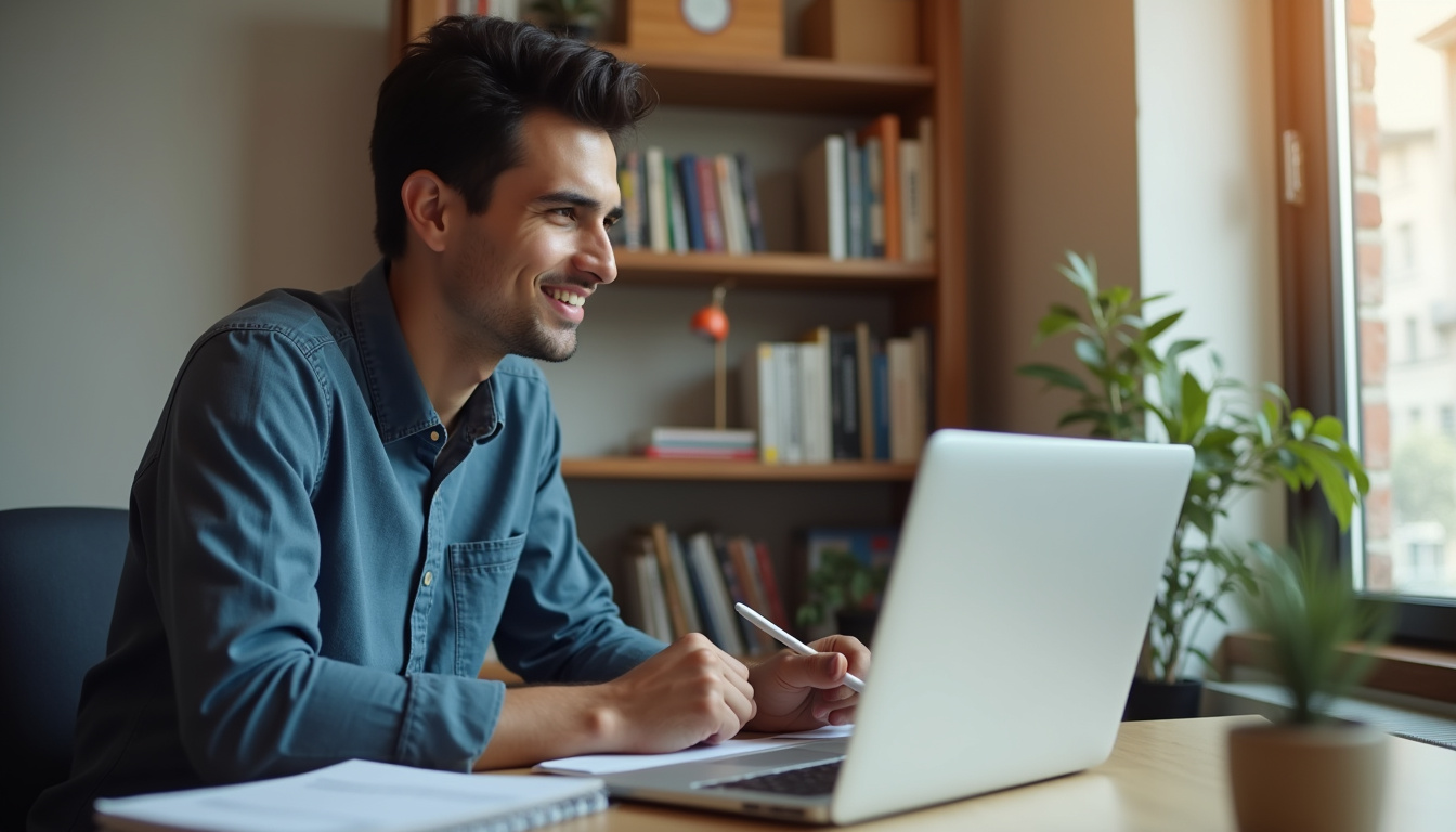 Étudiant suivant un cours de MBA en ligne depuis son domicile, ordinateur ouvert, notes papier à côté