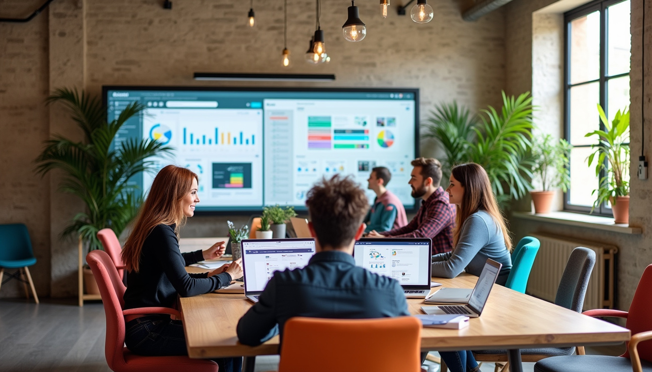 Intérieur de l'agence web Clickzou à Albi, équipe en réunion autour d'un bureau avec ordinateurs et écrans