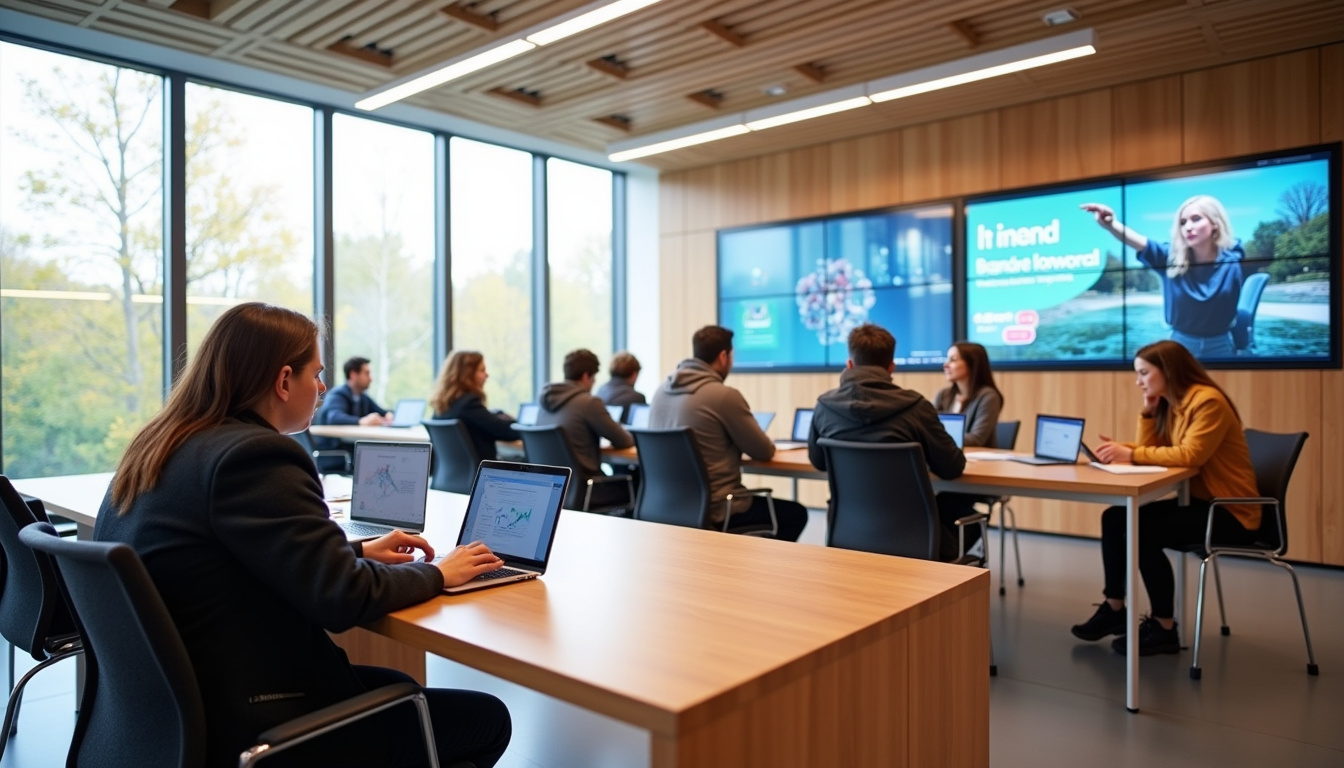 Intérieur d'une salle de classe au campus Nexa de Bordeaux, équipée d'outils numériques et d'écrans interactifs