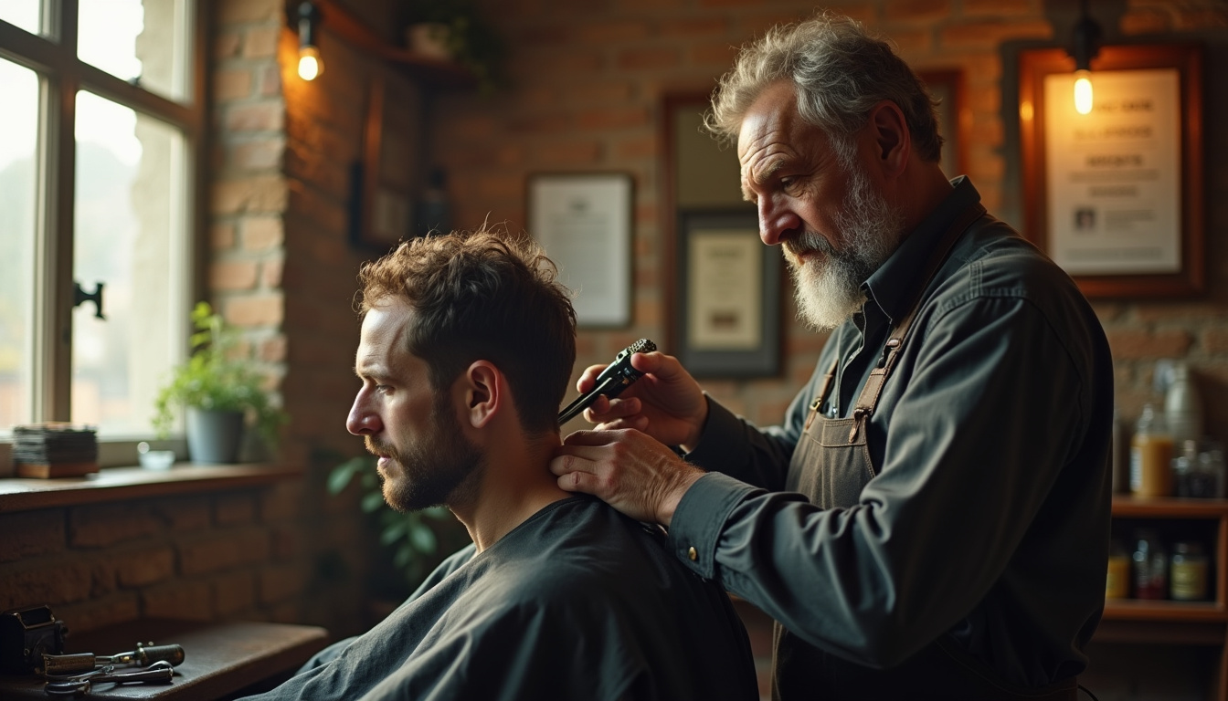 Portrait d’un artisan coiffeur en train de travailler dans son salon, avec extrait Kbis en arrière-plan