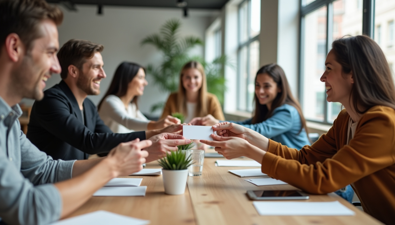 Réunion de networking entre diplômés de MBA en ligne, échange de cartes de visite en présentiel