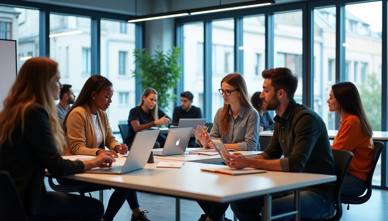 Salle de cours moderne au campus Nexa de Paris, avec étudiants en formation pratique