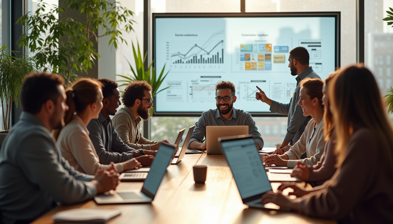 Une équipe d’entrepreneurs en réunion de travail autour d’une table, présentant un projet sur un écran