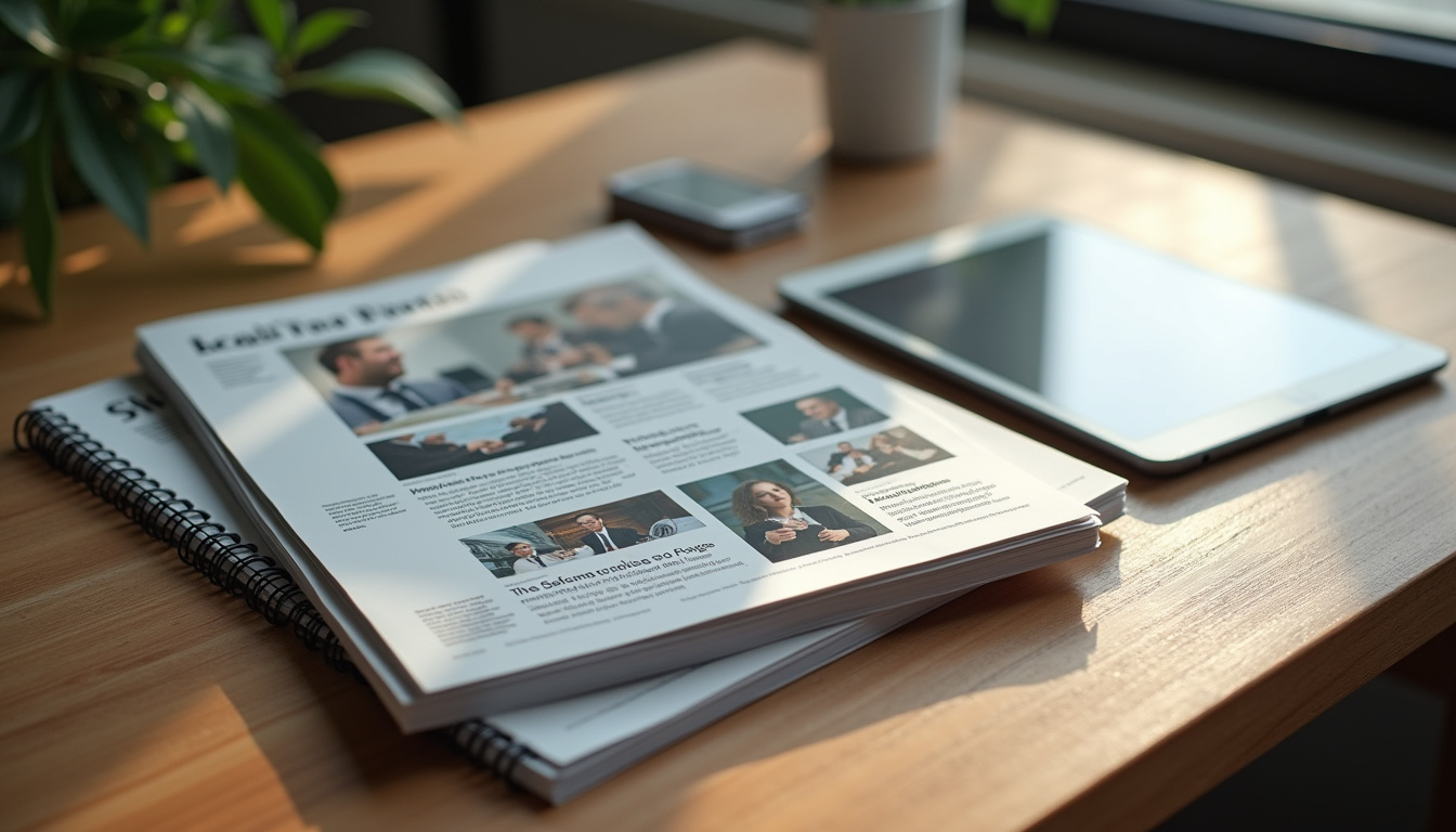 Une sélection de magazines professionnels posés sur une table en bois avec des tablettes numériques allumées montrant des articles de presse économique