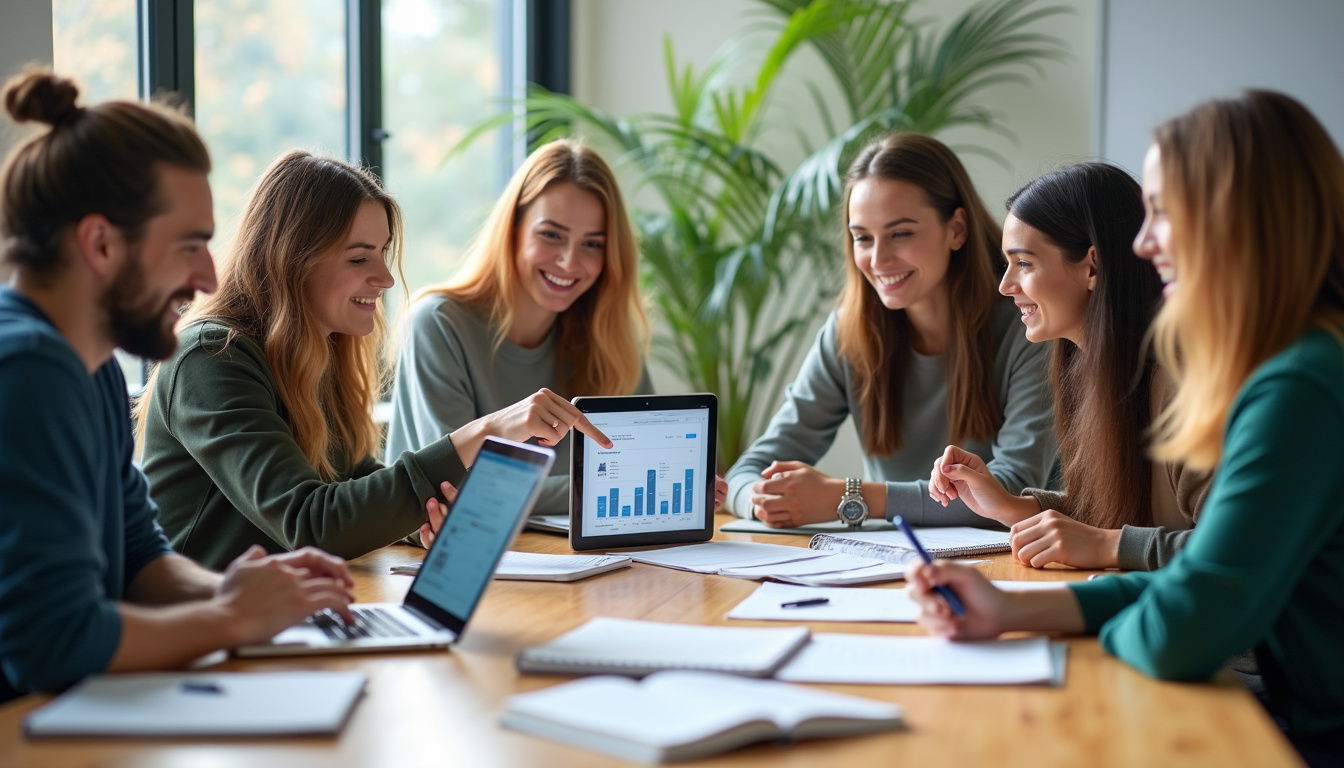 Groupe d'étudiants en alternance marketing digital travaillant sur un projet collaboratif à Nexa Paris