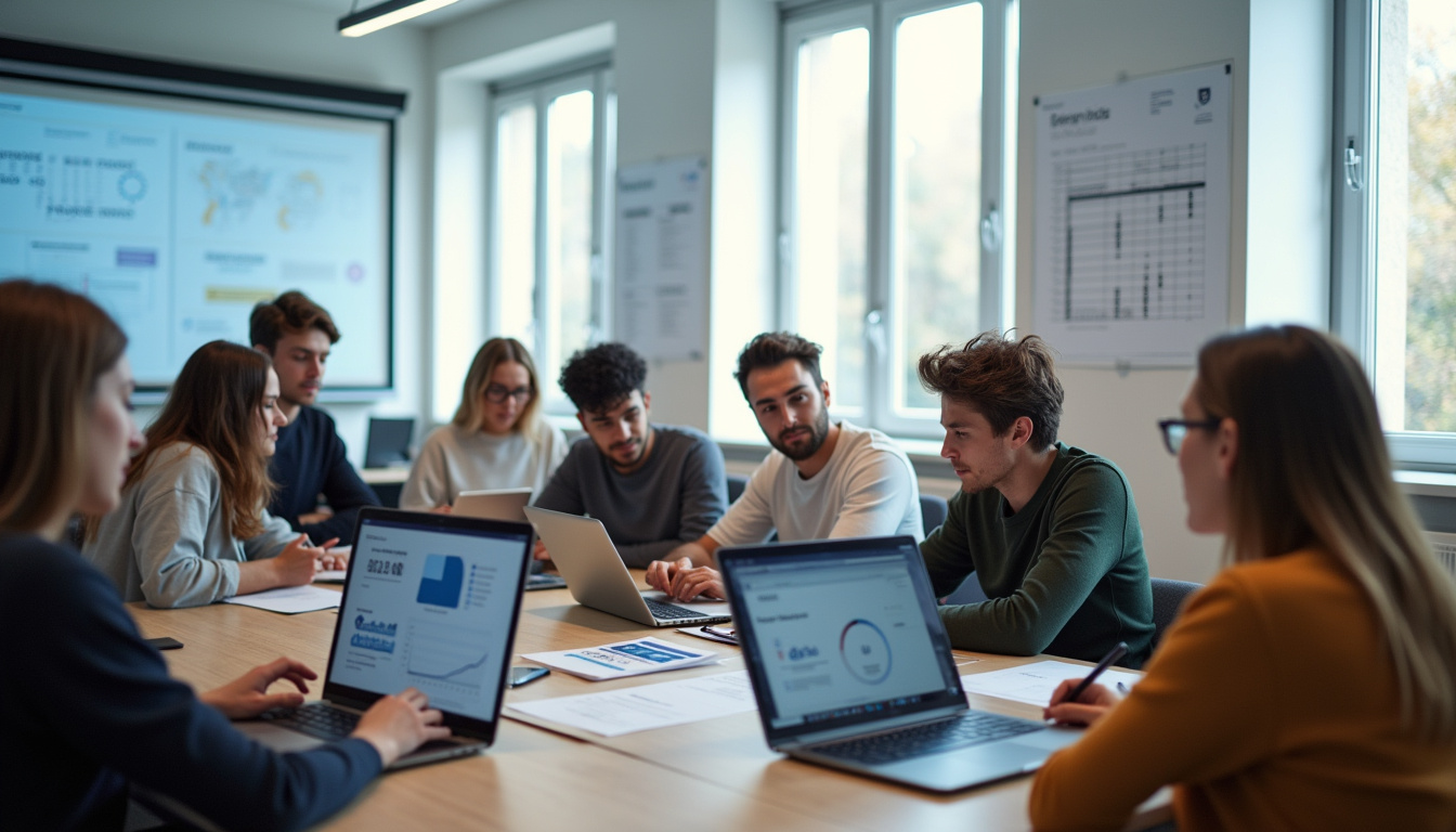 Salle de cours moderne au campus Paris de Nexa Digital School avec des étudiants en alternance travaillant sur des projets numériques