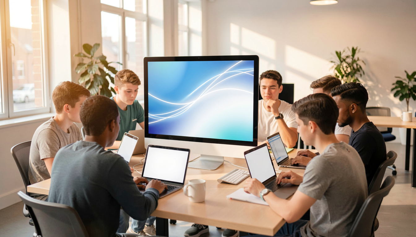 Groupe d’étudiants de Nexa Digital School en réunion de projet autour d’un écran d’ordinateur